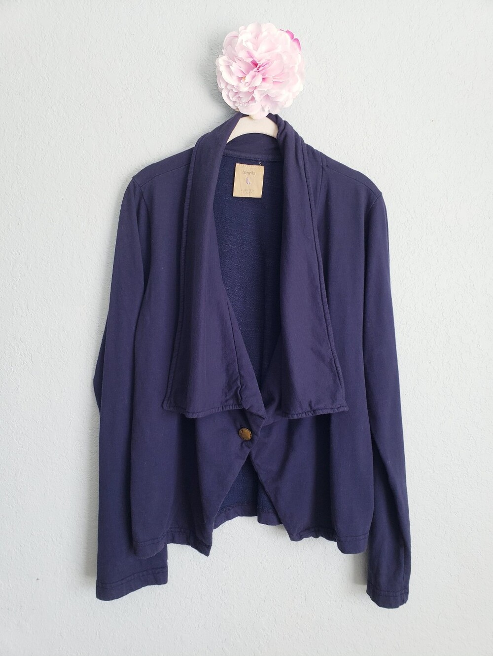 Tennis Anthropologie Navy Blue Draped Open-Front Cardigan Sweater